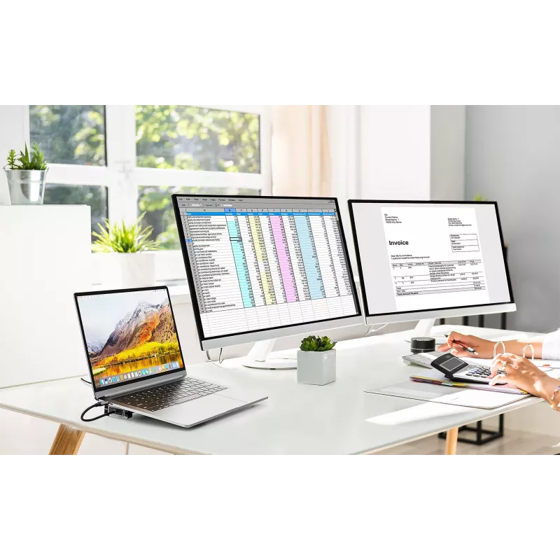 Manhattan USB-C stotelė / centras su kortelių skaitytuvu ir MST, prievadai (x7): Ethernet, HDMI (x2 4k@60Hz), USB-A (x3) ir USB-C, su Power Delivery (PD) 100W – reikalingas išorinis USB-C įkroviklis (neįtrauktas). Maitinama per USB (nereikia išorinio mait