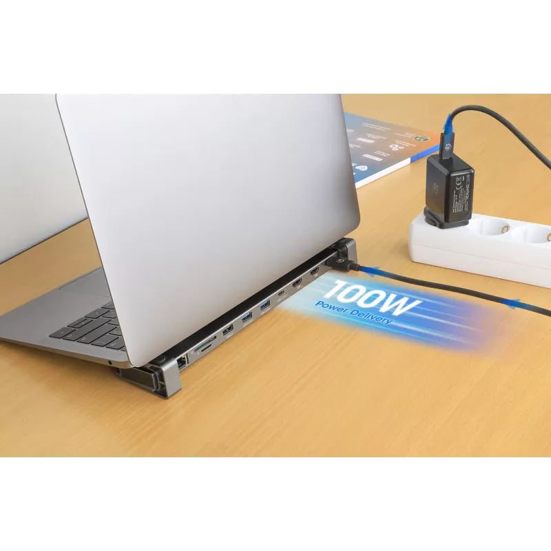 Manhattan USB-C stotelė / centras su kortelių skaitytuvu ir MST, prievadai (x7): Ethernet, HDMI (x2 4k@60Hz), USB-A (x3) ir USB-C, su Power Delivery (PD) 100W – reikalingas išorinis USB-C įkroviklis (neįtrauktas). Maitinama per USB (nereikia išorinio mait
