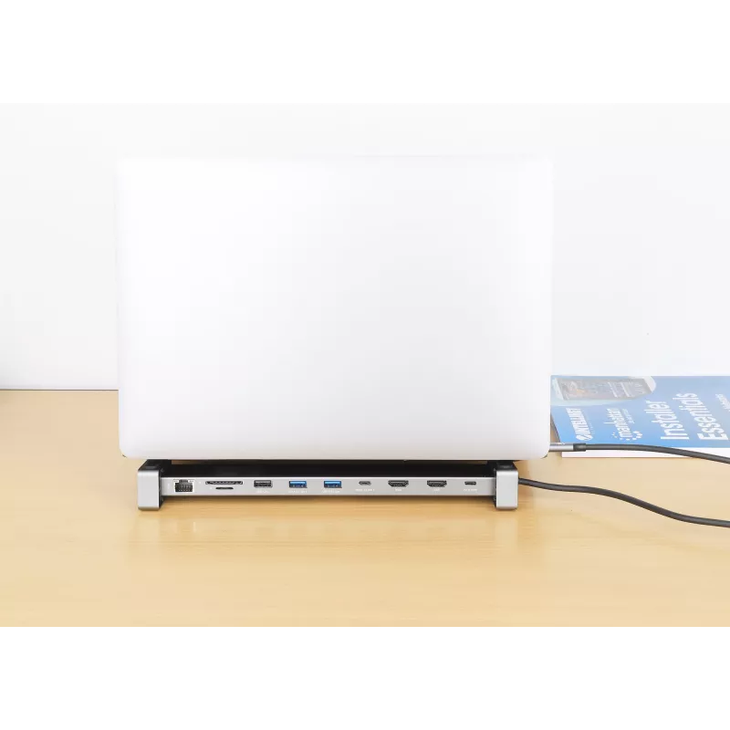 Manhattan USB-C stotelė / centras su kortelių skaitytuvu ir MST, prievadai (x7): Ethernet, HDMI (x2 4k@60Hz), USB-A (x3) ir USB-C, su Power Delivery (PD) 100W – reikalingas išorinis USB-C įkroviklis (neįtrauktas). Maitinama per USB (nereikia išorinio mait
