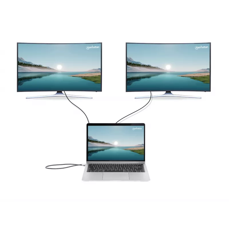 Manhattan USB-C stotelė / centras su kortelių skaitytuvu ir MST, prievadai (x7): Ethernet, HDMI (x2 4k@60Hz), USB-A (x3) ir USB-C, su Power Delivery (PD) 100W – reikalingas išorinis USB-C įkroviklis (neįtrauktas). Maitinama per USB (nereikia išorinio mait