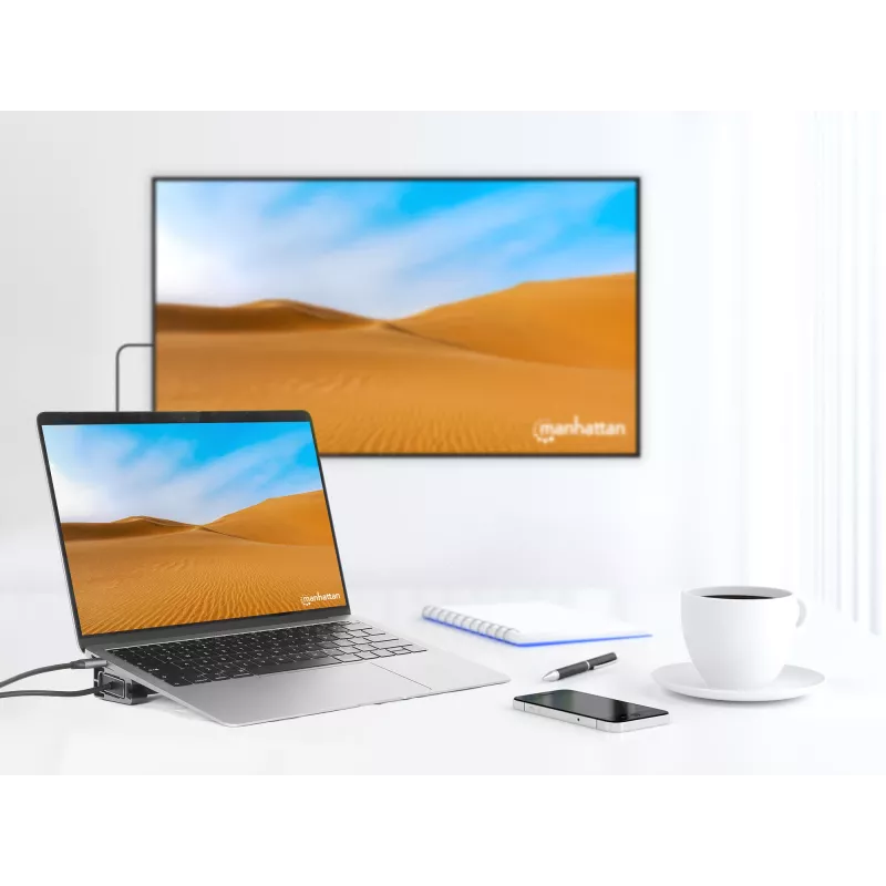 Manhattan USB-C stotelė / centras su kortelių skaitytuvu ir MST, prievadai (x7): Ethernet, HDMI (x2 4k@60Hz), USB-A (x3) ir USB-C, su Power Delivery (PD) 100W – reikalingas išorinis USB-C įkroviklis (neįtrauktas). Maitinama per USB (nereikia išorinio mait