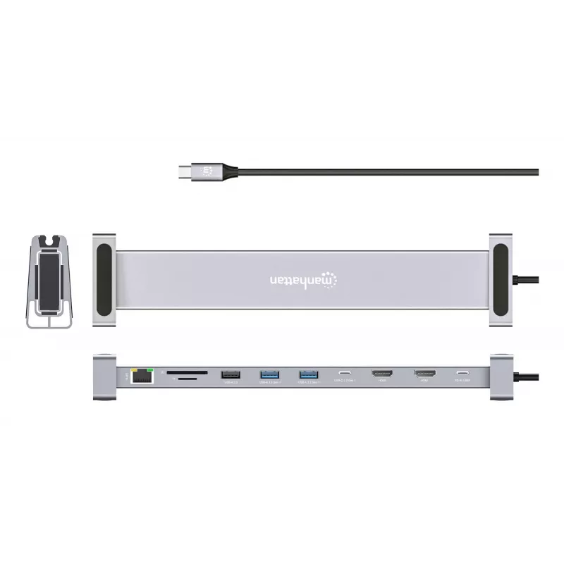 Manhattan USB-C stotelė / centras su kortelių skaitytuvu ir MST, prievadai (x7): Ethernet, HDMI (x2 4k@60Hz), USB-A (x3) ir USB-C, su Power Delivery (PD) 100W – reikalingas išorinis USB-C įkroviklis (neįtrauktas). Maitinama per USB (nereikia išorinio mait