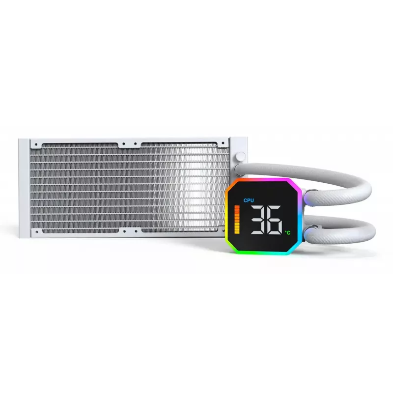 Montech HyperFlow Digital 240 – Viso viename skysčio aušintuvas procesoriui, 240 mm radiatorius, 2x120 mm ventiliatoriai, baltas