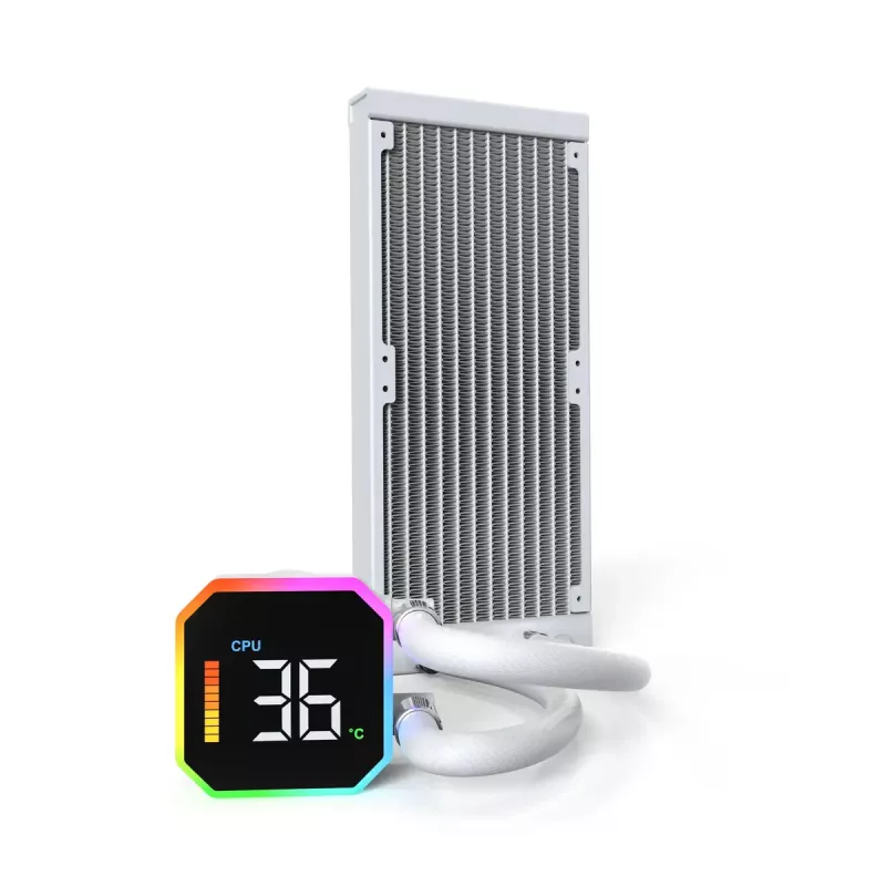 Montech HyperFlow Digital 240 – Viso viename skysčio aušintuvas procesoriui, 240 mm radiatorius, 2x120 mm ventiliatoriai, baltas