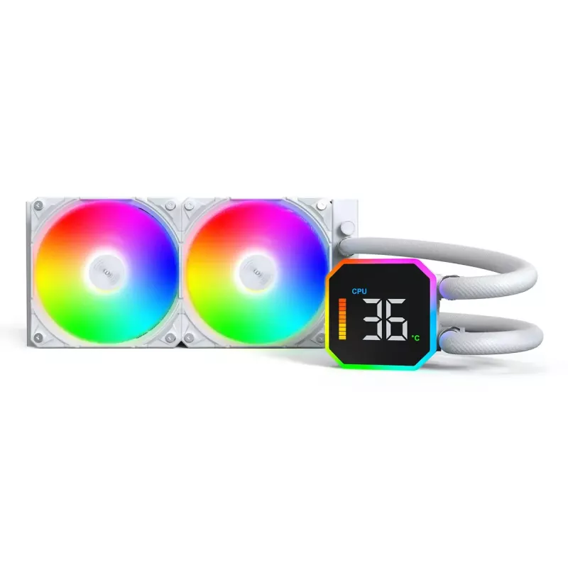 Montech HyperFlow Digital 240 – Viso viename skysčio aušintuvas procesoriui, 240 mm radiatorius, 2x120 mm ventiliatoriai, baltas