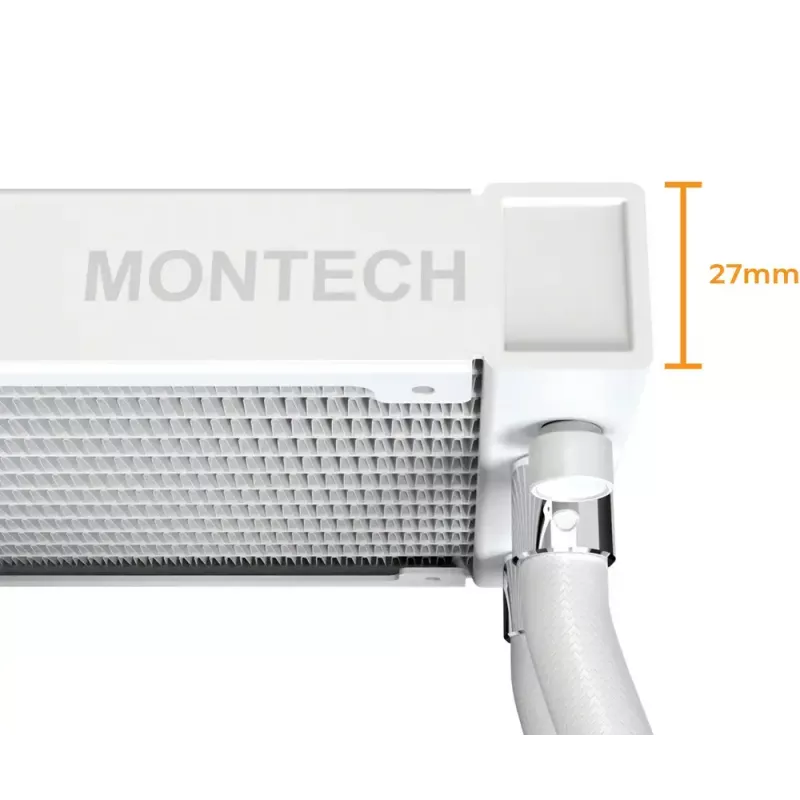 Montech HyperFlow Digital 240 – Viso viename skysčio aušintuvas procesoriui, 240 mm radiatorius, 2x120 mm ventiliatoriai, baltas