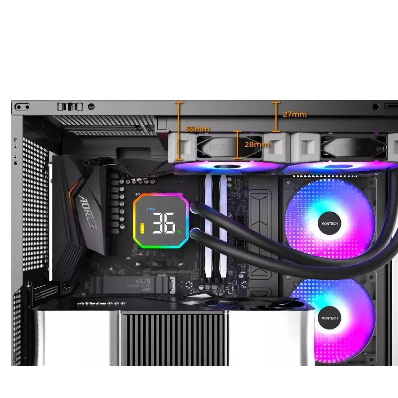 Montech HyperFlow Digital 240 – Viso viename skysčio aušintuvas procesoriui, 240 mm radiatorius, 2x120 mm ventiliatoriai, baltas