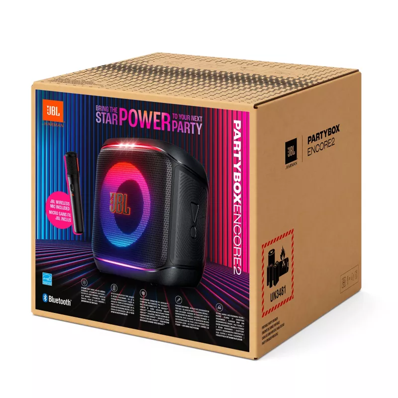 Nešiojamas mono garsiakalbis JBL Encore 2 Mono juodas – 100 W, atsparus vandens purslams, Bluetooth ir laidinis