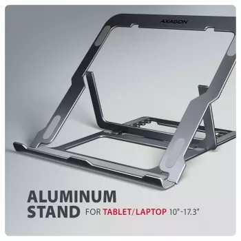 Axagon STND-LAG aliumininis stovas nešiojamiesiems kompiuteriams 10 inch–17,3 inch, aštuoni aukščio ir kampo reguliavimo lygiai, pilka versija