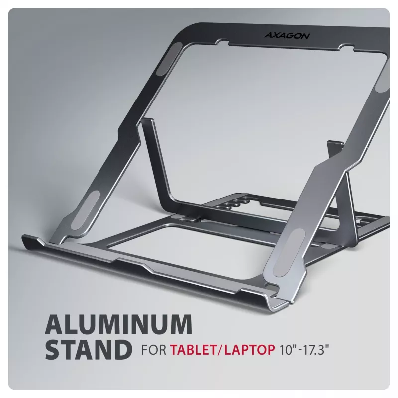Axagon STND-LAG aliumininis stovas nešiojamiesiems kompiuteriams 10 inch–17,3 inch, aštuoni aukščio ir kampo reguliavimo lygiai, pilka versija