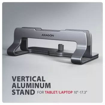 Axagon STND-VG aliumininis stovas vertikaliam nešiojamojo kompiuterio pastatymui 10–17,3 col., reguliuojamas plyšio plotis 9,5–25,5 mm, pilka versija