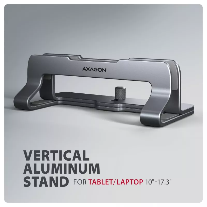 Axagon STND-VG aliumininis stovas vertikaliam nešiojamojo kompiuterio pastatymui 10–17,3 col., reguliuojamas plyšio plotis 9,5–25,5 mm, pilka versija