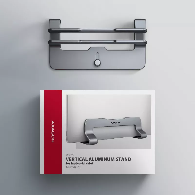 Axagon STND-VG aliumininis stovas vertikaliam nešiojamojo kompiuterio pastatymui 10–17,3 col., reguliuojamas plyšio plotis 9,5–25,5 mm, pilka versija