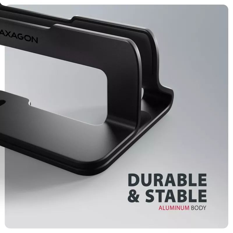 Stovas Axagon STND-VB aliumininis vertikaliam nešiojamųjų kompiuterių įstatymui, 10–17,3 colio, reguliuojamas plyšio plotis 9,5–25,5 mm, juodos spalvos