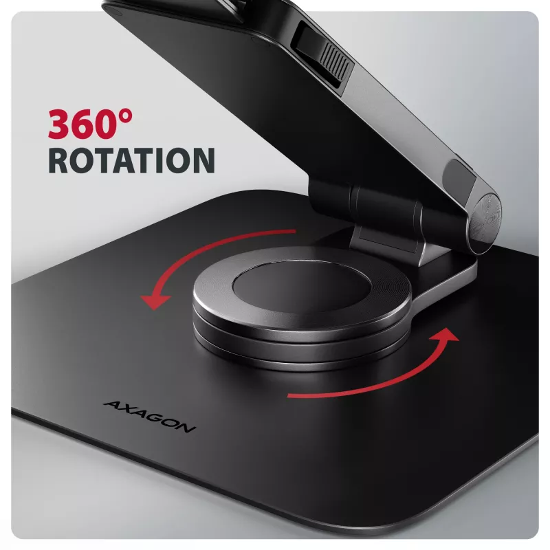 Stovas nešiojamam kompiuteriui AXAGON STND-LRB — aliuminis, 360° sukimas, 10–17,3 col., aukštis iki 26 cm, pasvirimas 0–180°, juodas