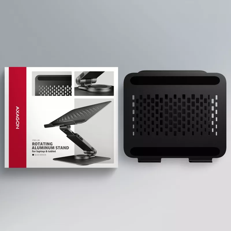 Stovas nešiojamam kompiuteriui AXAGON STND-LRB — aliuminis, 360° sukimas, 10–17,3 col., aukštis iki 26 cm, pasvirimas 0–180°, juodas