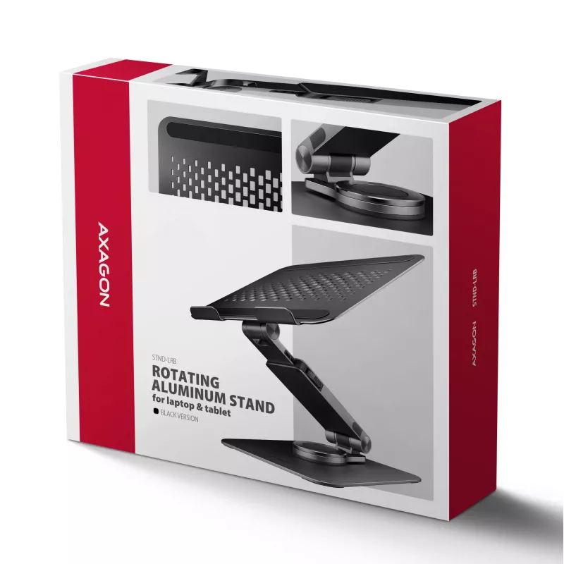 Stovas nešiojamam kompiuteriui AXAGON STND-LRB — aliuminis, 360° sukimas, 10–17,3 col., aukštis iki 26 cm, pasvirimas 0–180°, juodas