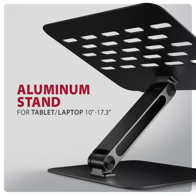 Stovas nešiojamam kompiuteriui ir planšetei AXAGON STND-LQB 10 inch–17,3 inch, aliuminis, juodas, reguliuojamas aukštis 0–20,5 cm ir pasvirimas 0–180°