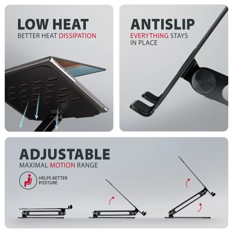 Stovas nešiojamam kompiuteriui ir planšetei AXAGON STND-LQB 10 inch–17,3 inch, aliuminis, juodas, reguliuojamas aukštis 0–20,5 cm ir pasvirimas 0–180°