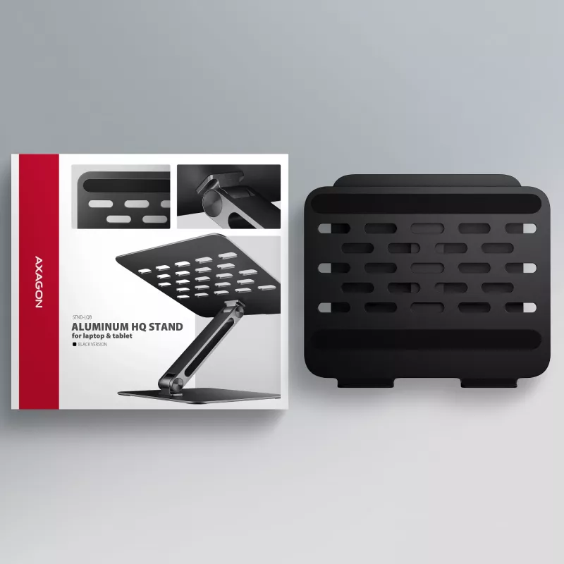 Stovas nešiojamam kompiuteriui ir planšetei AXAGON STND-LQB 10 inch–17,3 inch, aliuminis, juodas, reguliuojamas aukštis 0–20,5 cm ir pasvirimas 0–180°