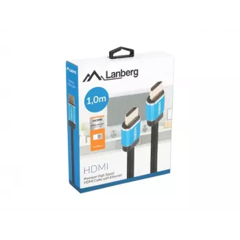 HDMI kabelis LANBERG CA-HDMI-P20CU-0010-BK 1 m, HDMI Type A vyriškas–vyriškas, HDMI 2.0, 18 Gbit/s, ARC, paauksuoti kontaktai, juodas/mėlynas