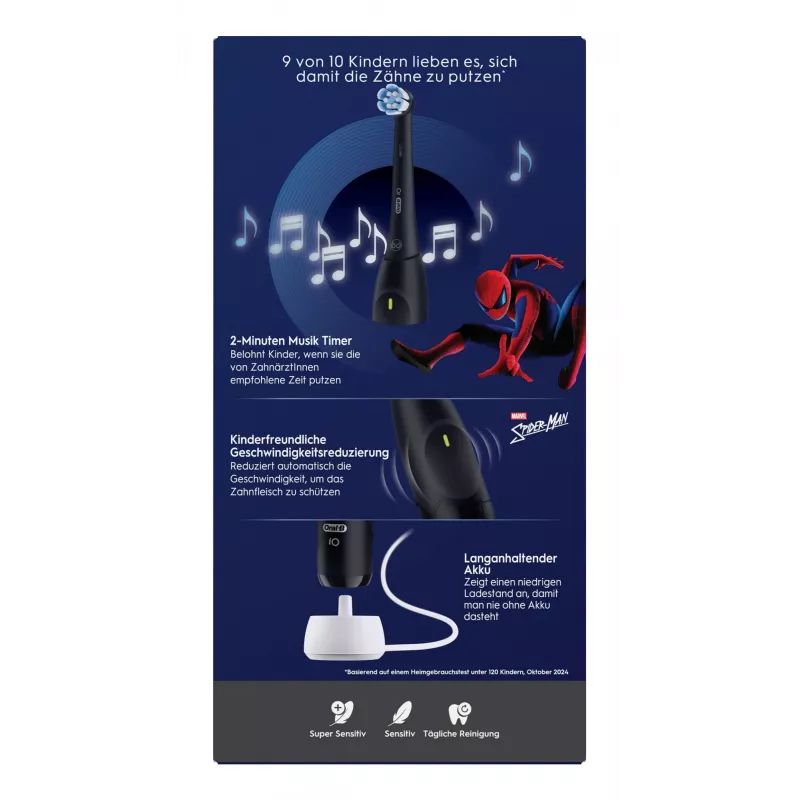 Oral-B iO Kids Spiderman besielis vaikiškas dantų šepetėlis, juodas