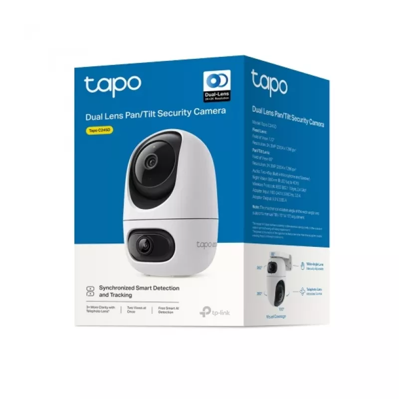 IP stebėjimo kamera TP-Link Tapo C245D 2304×1296, 3.1 mm objektyvas, 104,3° horiz., lubų/sienos montavimas, belaidė, vidaus, balta