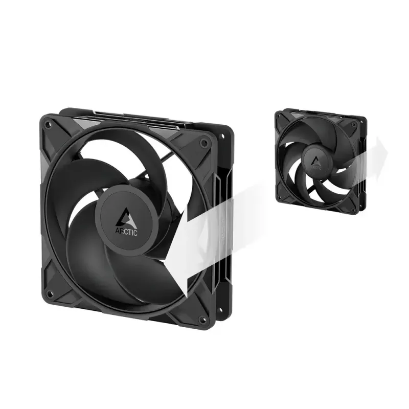 140 mm ventiliatorius Arctic Freezer P14 Pro Reverse — 166,5 m³/h, 5,1 mmH₂O, Fluid Dynamic Bearing, A‑RGB, PWM, juodas, su kabelio skirstytuvu