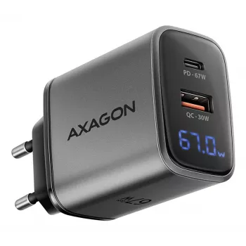Sieninis įkroviklis AXAGON ACU-PQ67D, 67W, USB-C PD3.0 + USB-A QC4+, 2 išėjimai, LCD ekranas, 100–240V