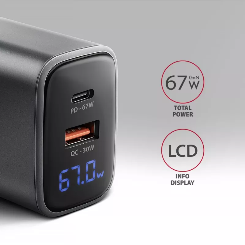 Sieninis įkroviklis AXAGON ACU-PQ67D, 67W, USB-C PD3.0 + USB-A QC4+, 2 išėjimai, LCD ekranas, 100–240V