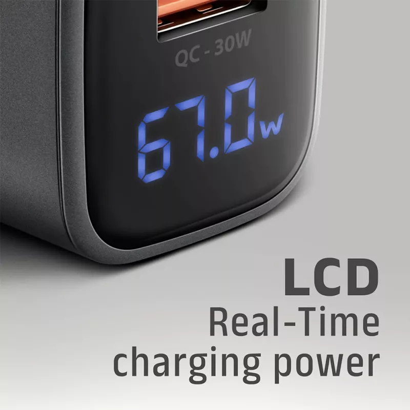 Sieninis įkroviklis AXAGON ACU-PQ67D, 67W, USB-C PD3.0 + USB-A QC4+, 2 išėjimai, LCD ekranas, 100–240V