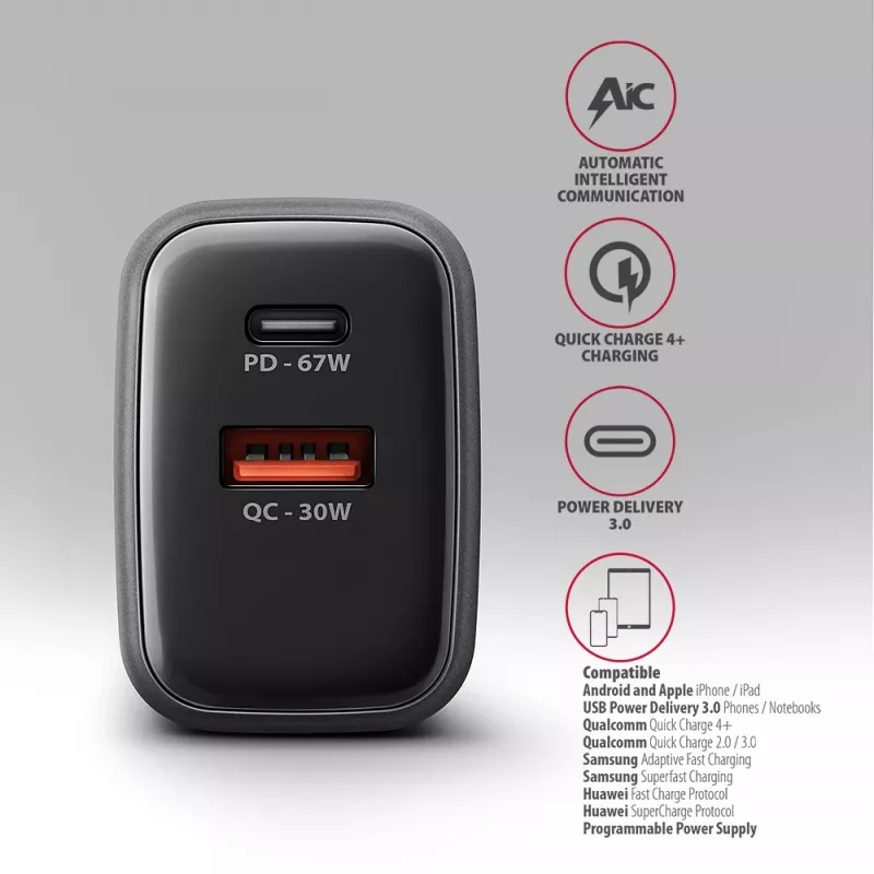 Sieninis įkroviklis AXAGON ACU-PQ67D, 67W, USB-C PD3.0 + USB-A QC4+, 2 išėjimai, LCD ekranas, 100–240V