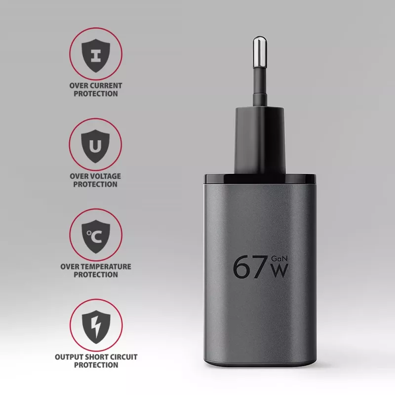Sieninis įkroviklis AXAGON ACU-PQ67D, 67W, USB-C PD3.0 + USB-A QC4+, 2 išėjimai, LCD ekranas, 100–240V