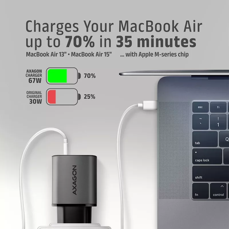 Sieninis įkroviklis AXAGON ACU-PQ67D, 67W, USB-C PD3.0 + USB-A QC4+, 2 išėjimai, LCD ekranas, 100–240V
