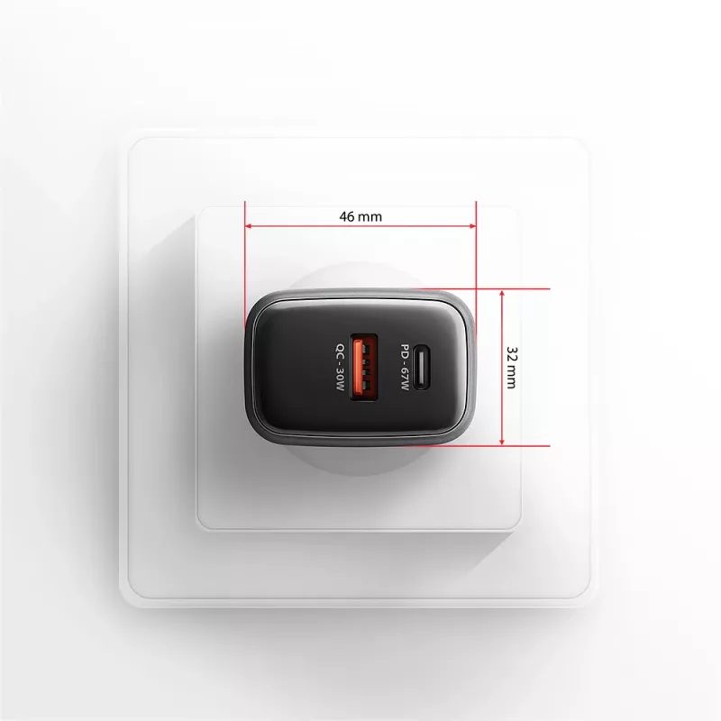 Sieninis įkroviklis AXAGON ACU-PQ67D, 67W, USB-C PD3.0 + USB-A QC4+, 2 išėjimai, LCD ekranas, 100–240V