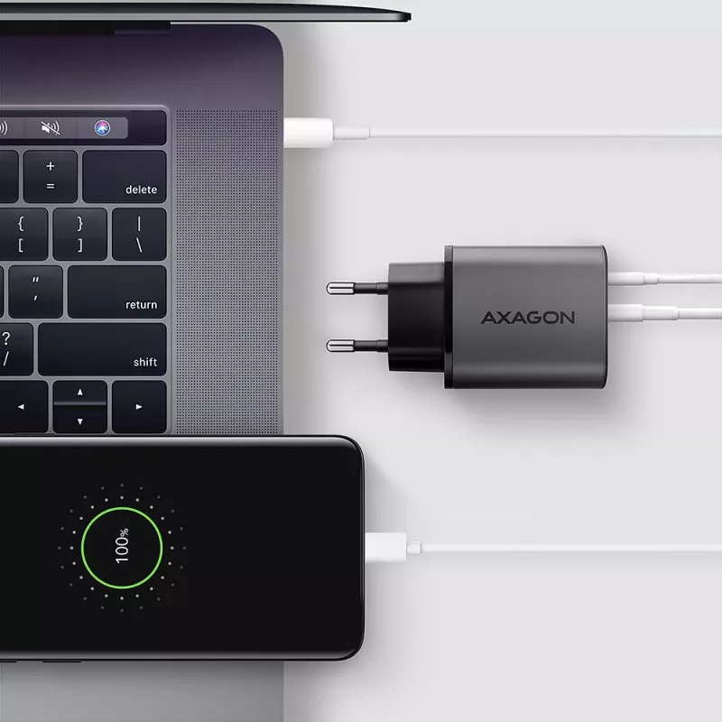 Sieninis įkroviklis AXAGON ACU-PQ67D, 67W, USB-C PD3.0 + USB-A QC4+, 2 išėjimai, LCD ekranas, 100–240V