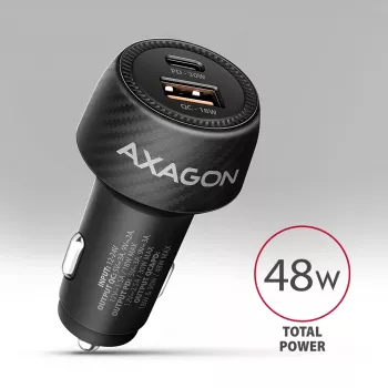 Automobilinis įkroviklis AXAGON PWC-PQ48, 48W, USB-C (PD3.0) + USB-A (QC4+), įėjimas 12–24V, juodas