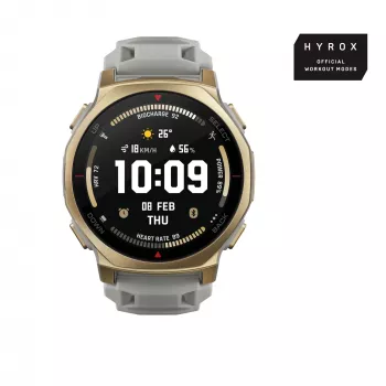 Išmanusis laikrodis Amazfit T-rex 3 Pro 44 mm, 1,32 colio AMOLED 466×466, 16 GB, 64 MB RAM, GPS, Wi-Fi, atsparus vandeniui 45 m, auksinis korpusas, pilkas silikoninis dirželis