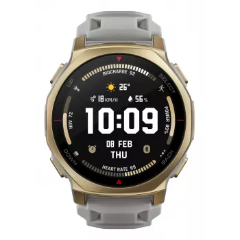 Išmanusis laikrodis Amazfit T-rex 3 Pro 44 mm, 1,32 colio AMOLED 466×466, 16 GB, 64 MB RAM, GPS, Wi-Fi, atsparus vandeniui 45 m, auksinis korpusas, pilkas silikoninis dirželis