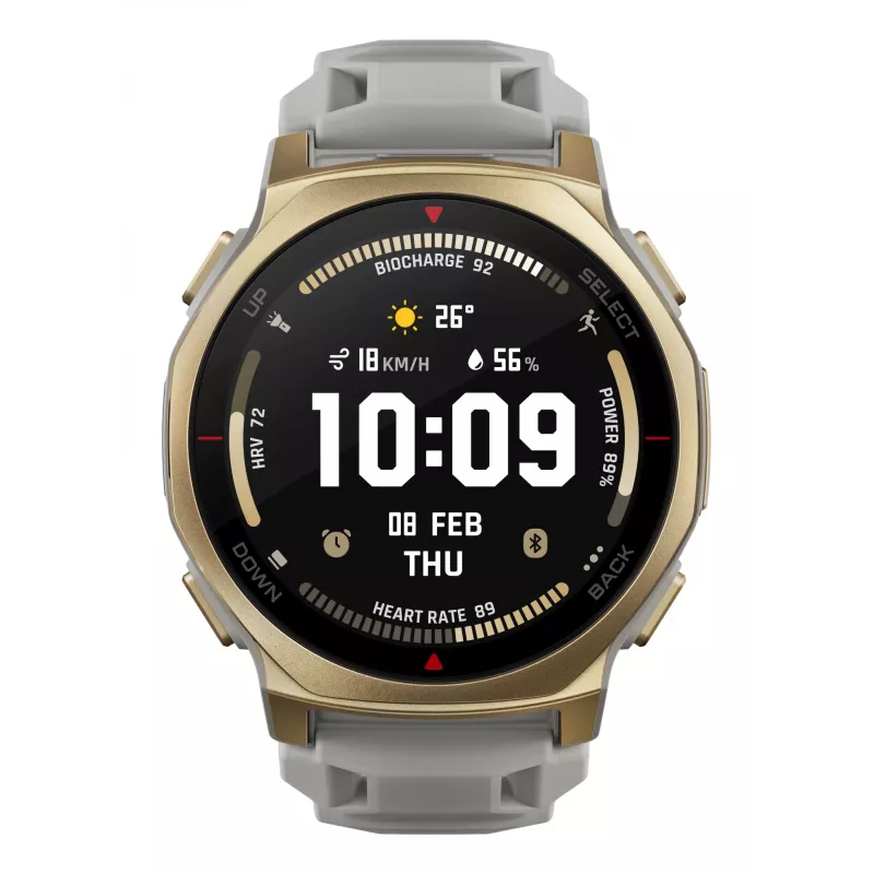 Išmanusis laikrodis Amazfit T-rex 3 Pro 44 mm, 1,32 colio AMOLED 466×466, 16 GB, 64 MB RAM, GPS, Wi-Fi, atsparus vandeniui 45 m, auksinis korpusas, pilkas silikoninis dirželis
