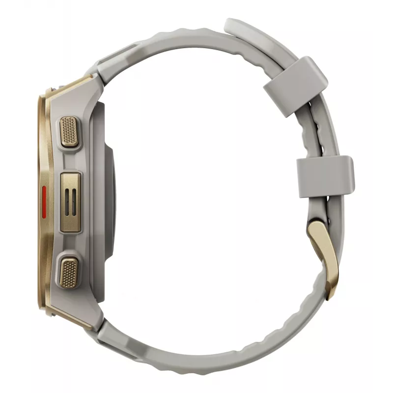 Išmanusis laikrodis Amazfit T-rex 3 Pro 44 mm, 1,32 colio AMOLED 466×466, 16 GB, 64 MB RAM, GPS, Wi-Fi, atsparus vandeniui 45 m, auksinis korpusas, pilkas silikoninis dirželis