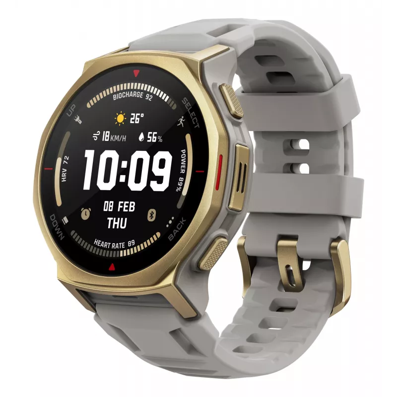 Išmanusis laikrodis Amazfit T-rex 3 Pro 44 mm, 1,32 colio AMOLED 466×466, 16 GB, 64 MB RAM, GPS, Wi-Fi, atsparus vandeniui 45 m, auksinis korpusas, pilkas silikoninis dirželis