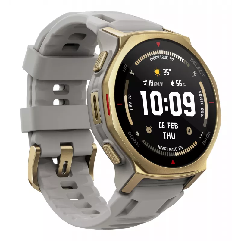 Išmanusis laikrodis Amazfit T-rex 3 Pro 44 mm, 1,32 colio AMOLED 466×466, 16 GB, 64 MB RAM, GPS, Wi-Fi, atsparus vandeniui 45 m, auksinis korpusas, pilkas silikoninis dirželis