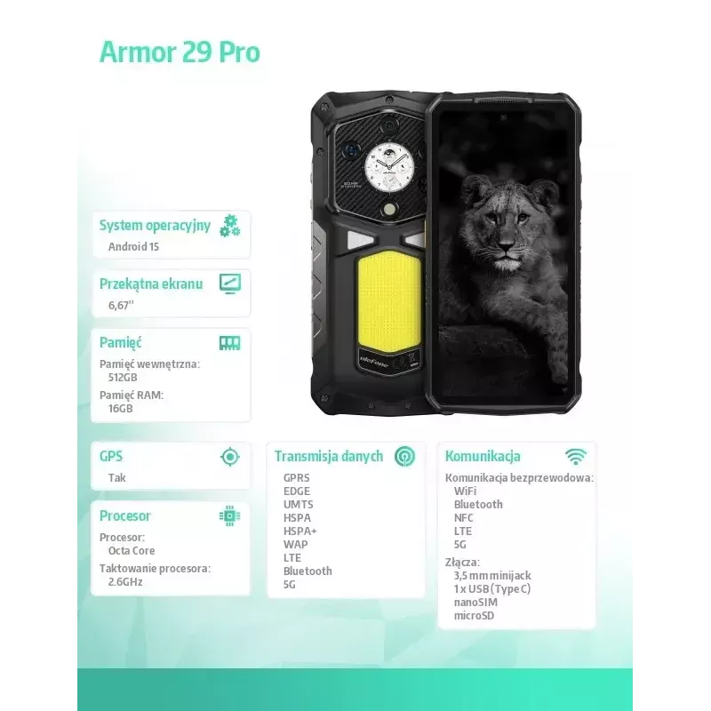 Išmanusis telefonas UleFone Armor 29 Pro 5G 16/512GB Juodas, atsparus, 5G, 16GB RAM, 512GB atmintis