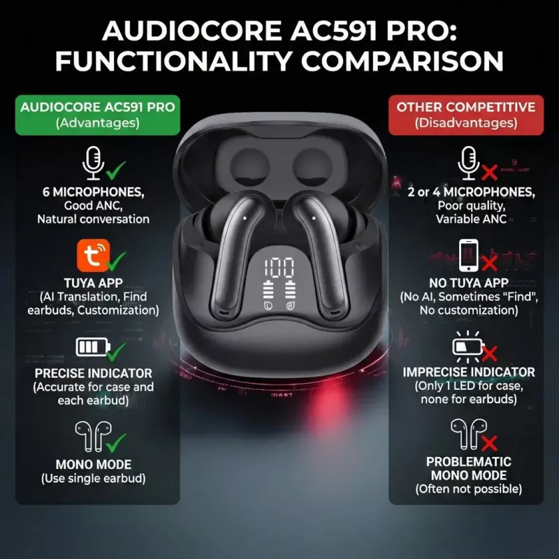 Belaidės ausinės Audiocore AC591 PRO – hibridinis ANC, ENC, 6 mikrofonai, USB-C įkrovimas, iki 9h grojimo, suderinamos su Tuya, juodos