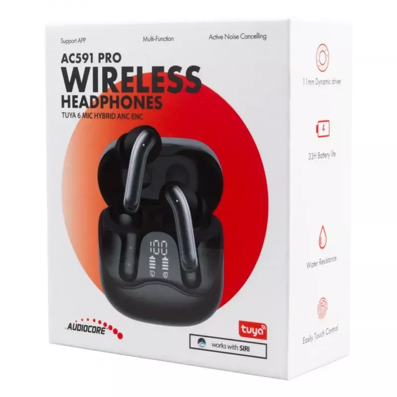 Belaidės ausinės Audiocore AC591 PRO – hibridinis ANC, ENC, 6 mikrofonai, USB-C įkrovimas, iki 9h grojimo, suderinamos su Tuya, juodos