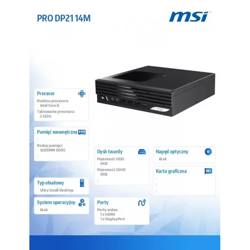 Stalinis kompiuteris MSI PRO DP21 14M-243BEU — Intel Core i5-14400, Wi‑Fi, Bluetooth, juodas