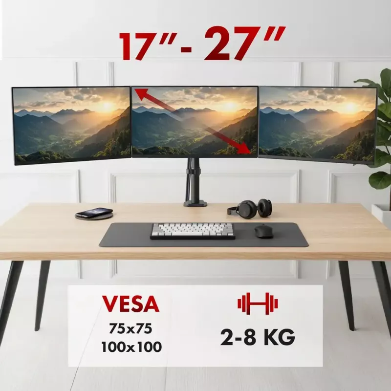 Laikiklis monitoriams MACLEAN MC-137 — dujinė spyruoklė, 3 monitoriams 17–27 colių, 2–8 kg kiekvienam, juodas