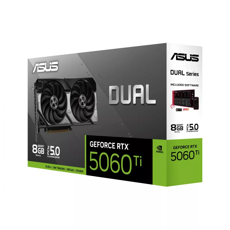 Vaizdo plokštė ASUS GeForce RTX 5060 Ti Dual — 8 GB GDDR7, 128 bitų, PCIe 5.0, aktyvus aušinimas (2 ventiliatoriai), maks. 7680×4320