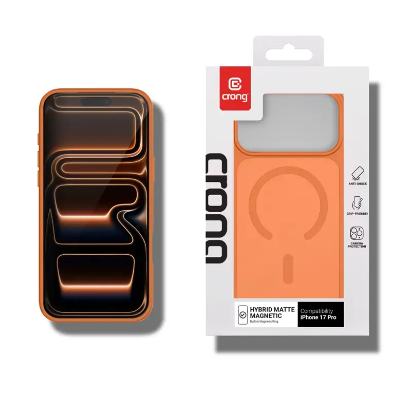 Crong Hybrid Matte Magnetic dėklas iPhone 17 Pro — PC+TPU, permatoma oranžinė